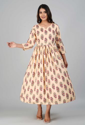 Beige Floral Printed Flared A-Line Rayon Kurta