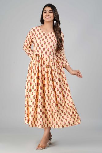 Peach Floral Printed Flared A-Line Rayon Kurta