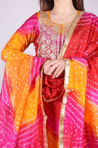 Cotton Silk Bandhej Heavy Embroidered Kurta with Trouser and Dupatta