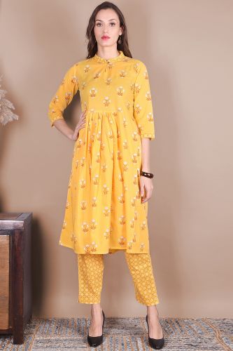 Yellow Printed Flared Cotton Kurta with Printed Palazzo