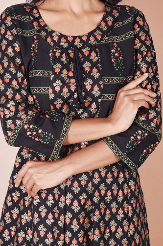 Black and Golden Printed A-Line Kurta with Jacket