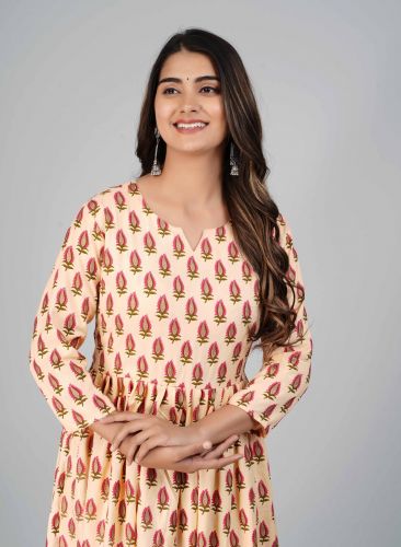 Peach Floral Printed Flared A-Line Rayon Kurta