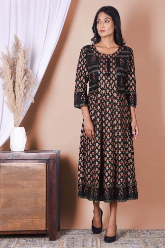 Black and Golden Printed A-Line Kurta with Jacket