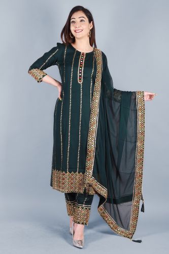 Bottle Green Ethnic Kurta with Palazzo Pants and a Dupatta