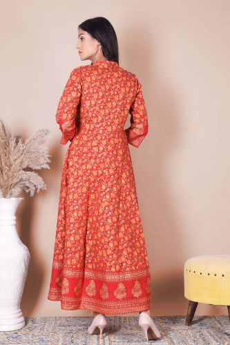 Red and Golden Printed Long A-Line Rayon Kurta
