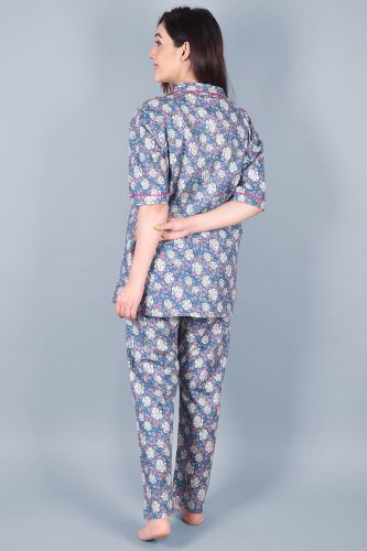 Blue Printed Cotton Night Suit