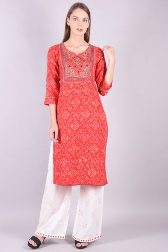 Embroidered Red Bandhej Kurta Palazzo Set