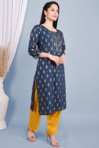 Blue Rayon Gota Patti & Ethnic Printed Kurta With Palazzo