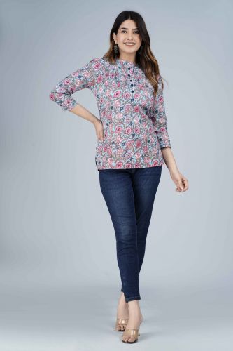 Multi Coloured Ethnic Printed Pleated Cotton Top