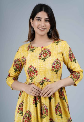 Mustard Ethnic Printed Pleated Rayon Top