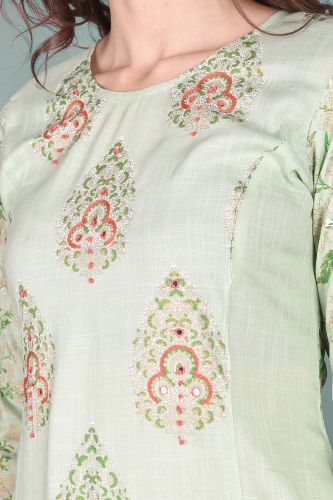 Pista Green Printed Rayon Kurta with Printed Palazzo Pant Set