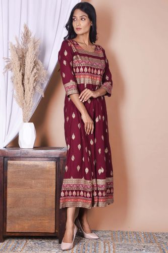 Wine & Golden Printed Rayon A-Line Kurta