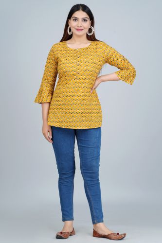 Mustard Ethnic Printed Casual Cotton Top