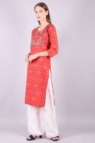 Embroidered Red Bandhej Kurta Palazzo Set