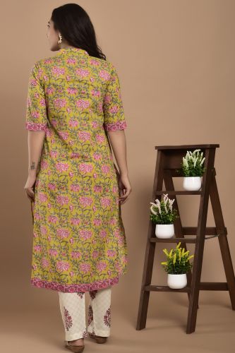 Lime Green and Pink Floral Printed A-Line Kurta with Printed Palazzo Pants Set