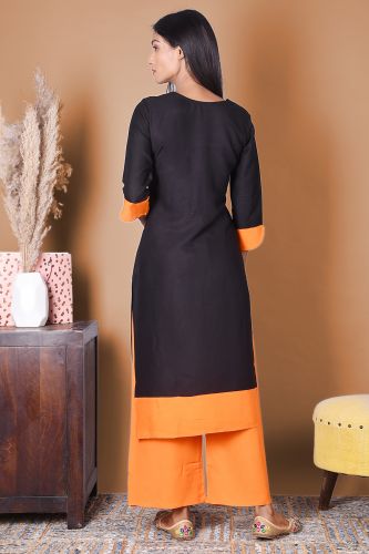 Solid Black Embroidered Rayon Kurta