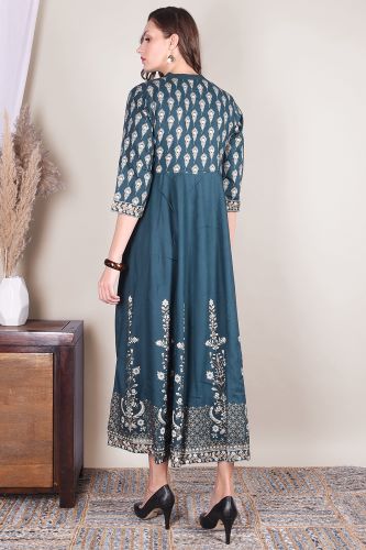 Premium Gold Printed Blue Rayon Kurta 