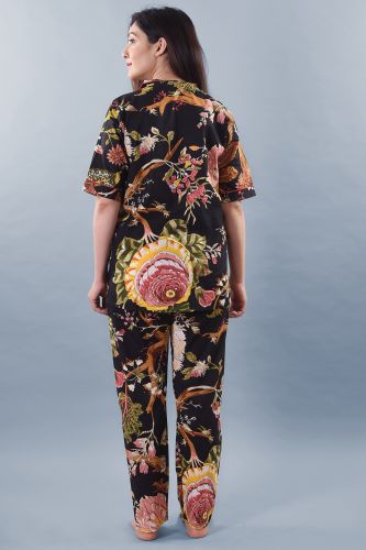 Black Multicoloured Printed Cotton Night Suit