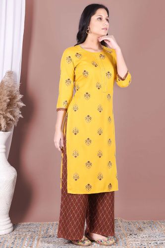 Mustard Printed Kurta With Dark Brown Printed Palazzo 