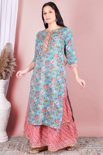 Floral Light Blue Cotton Kurta with Printed Sharara