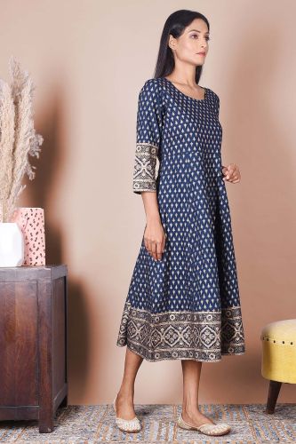 Gold Ethnic Printed Blue Midi Dress 