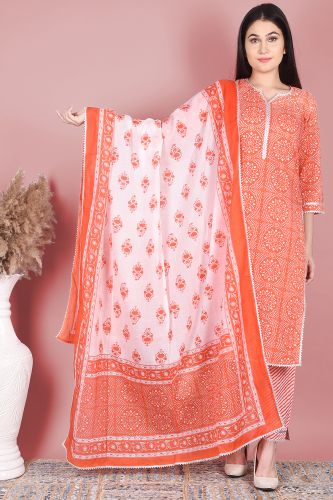 Premium Cotton Orange and White Cotton Printed Straight-Fit Kurta Palazzo with Dupatta
