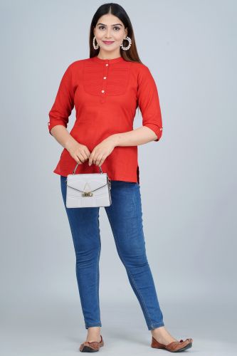 Red Solid Pleated Cotton Top