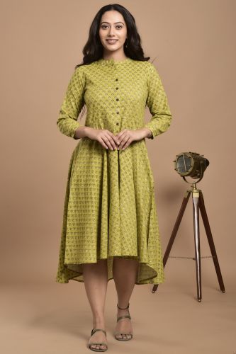 Green High-Low Printed Cotton A-Line Kurta
