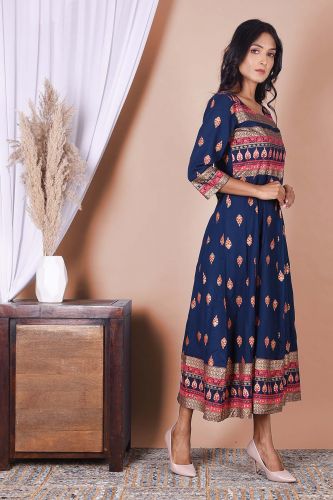 Royal Blue & Golden Printed Rayon A-Line Kurta