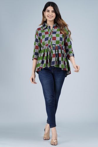 Multi-Coloured Checkered Printed High-Low Cotton Top 