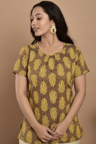 Brown and Mustard Printed Casual Cotton Top