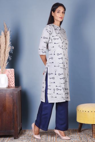 Grey & Blue Printed A-Line Kurta