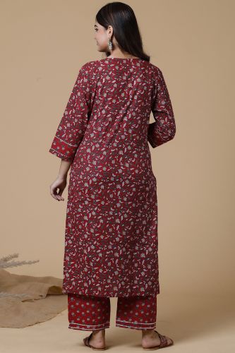 Maroon Floral Printed A-Line Cotton Kurta With Handwork, Printed Palazzo & Dupatta