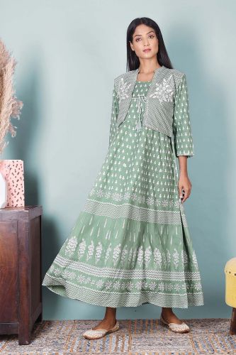 Light Green Printed Long Rayon Kurta with Embroidered Jacket