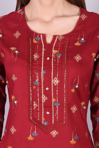 Red Rayon Printed Kurta with Handwork and Yellow Printed Palazzo