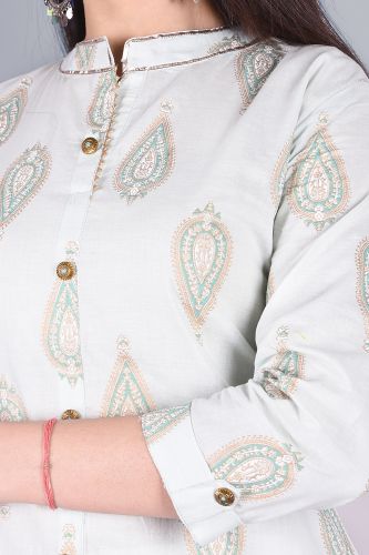 Light Green Gold Printed Cotton Kurti with Lace Work