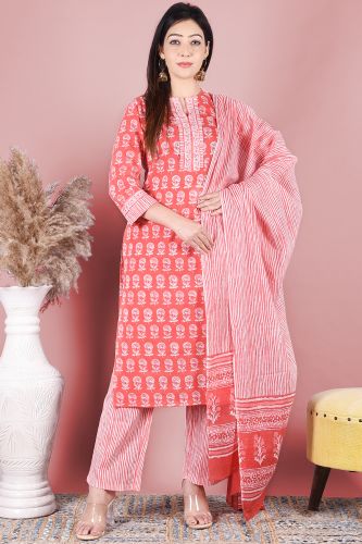Red and White Printed Cotton Kurta with Striped Printed Palazzo Pants and a Dupatta