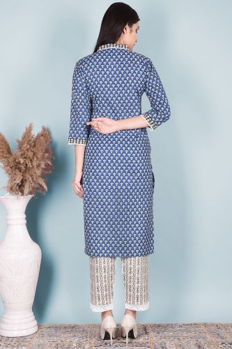 Blue A-Line Cotton Kurta With Lace Work With Printed Pant And Dupatta