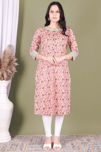 Light Pink Printed Straight-Fit Cotton Kurta