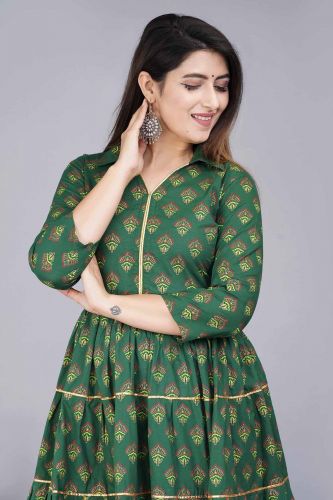 Green & Gold Printed Cotton Anarkali Kurta