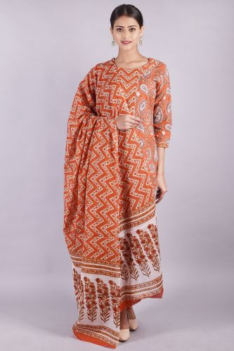 Orange Printed Cotton Kurta With Palazzo & Dupatta