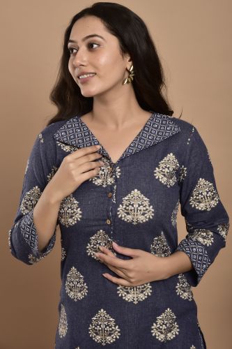 Navy Blue & White Printed Kurta With Printed Pant Set