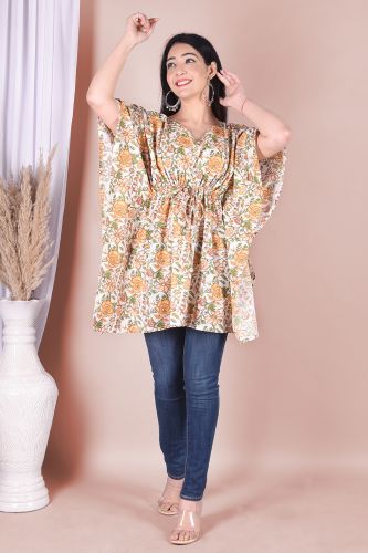 Orange Floral Printed Cotton Kaftan