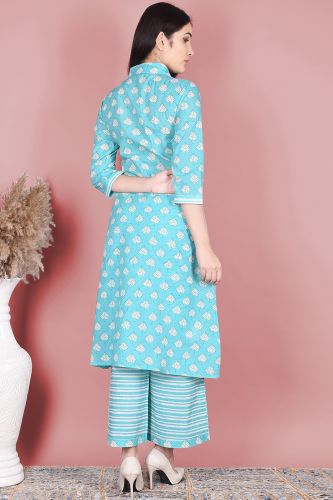 Sea Blue Printed Straight-Fit Cotton Kurta with Striped Palazzo & Dupatta