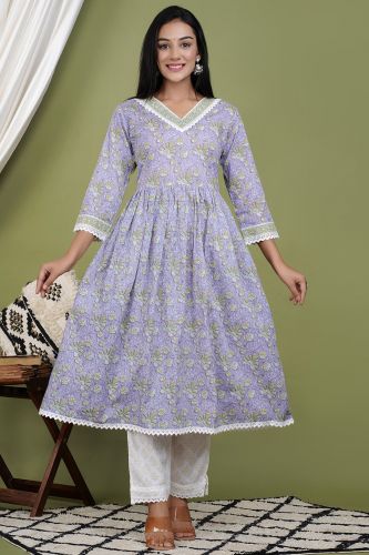 Lavender A-Line Cotton Kurta with Palazzo & Dupatta