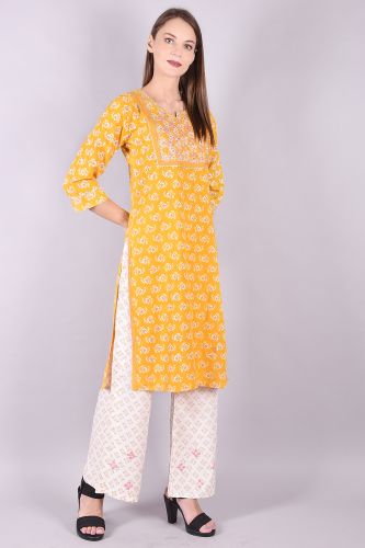 Mustard Embroidered Printed Kurta With Palazzo Set