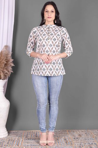 White & Golden Ethnic Printed Cotton Top