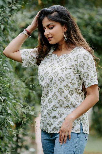 Green & White Printed Cotton Top