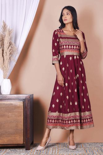 Maroon and Golden Printed A-Line Long Rayon Kurta
