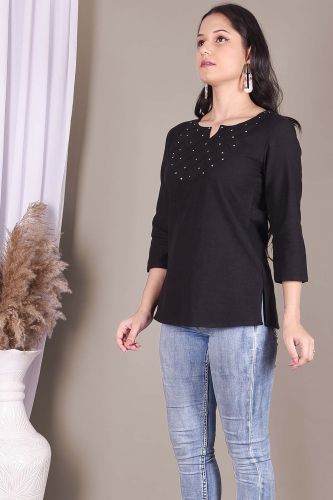 Solid Black Cotton Top with Handwork